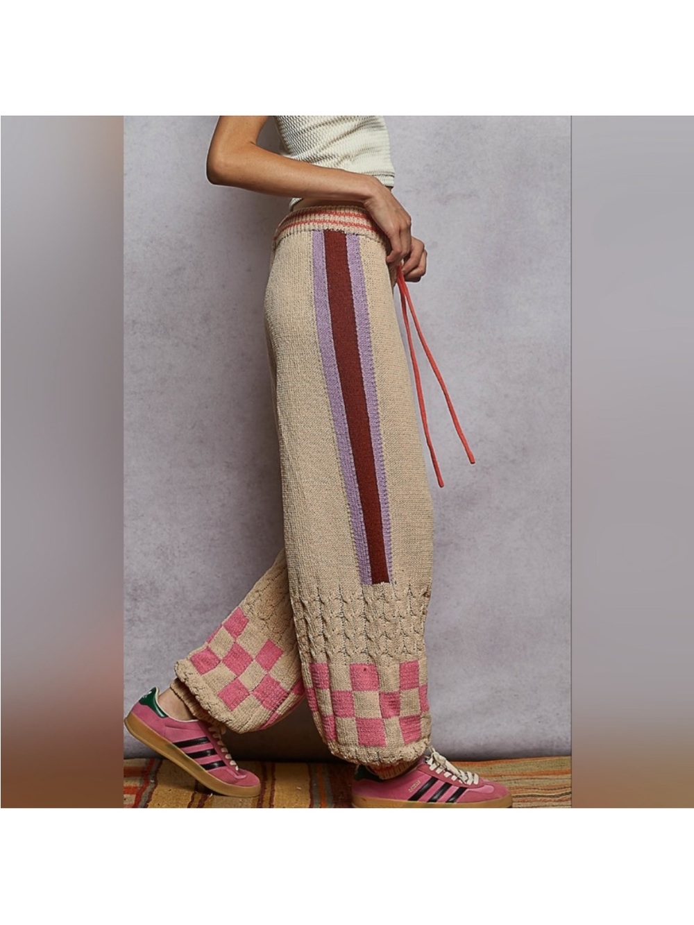NWOT POL L Crochet Patchwork Wide-Leg Pants in Beige and Pink - Picture 2 of 5